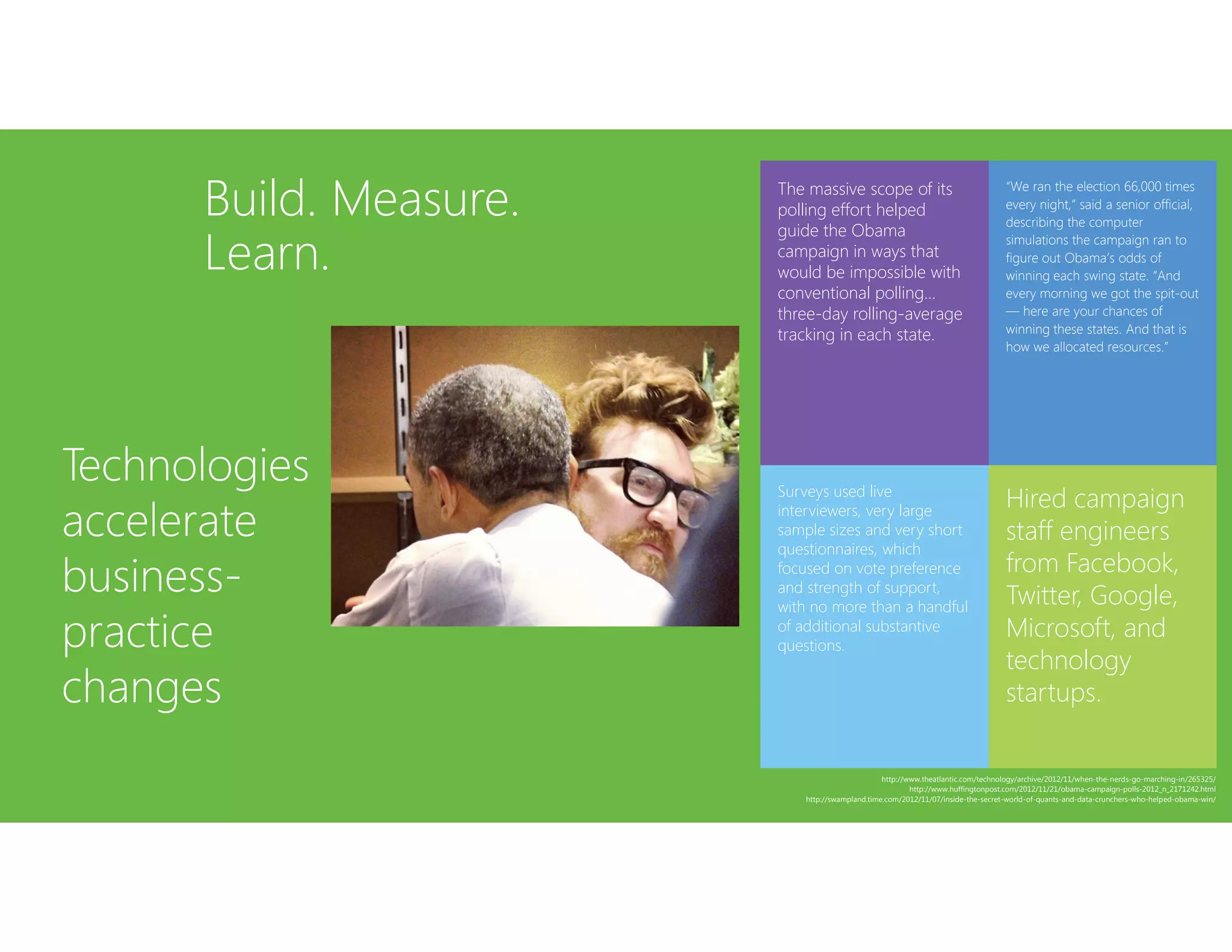 Build. Measure.
Learn.

Technologies
accelerate
businesspractice
changes

The massive scope of its
polling effort helped
guide the Obama
campaign in ways that
would be impossible with
conventional polling…
three-day rolling-average
tracking in each state.

“We ran the election 66,000 times
every night,” said a senior official,
describing the computer
simulations the campaign ran to
figure out Obama’s odds of
winning each swing state. “And
every morning we got the spit-out
— here are your chances of
winning these states. And that is
how we allocated resources.”

Surveys used live
interviewers, very large
sample sizes and very short
questionnaires, which
focused on vote preference
and strength of support,
with no more than a handful
of additional substantive
questions.

Hired campaign
staff engineers
from Facebook,
Twitter, Google,
Microsoft, and
technology
startups.

http://www.theatlantic.com/technology/archive/2012/11/when-the-nerds-go-marching-in/265325/
http://www.huffingtonpost.com/2012/11/21/obama-campaign-polls-2012_n_2171242.html
http://swampland.time.com/2012/11/07/inside-the-secret-world-of-quants-and-data-crunchers-who-helped-obama-win/

 
