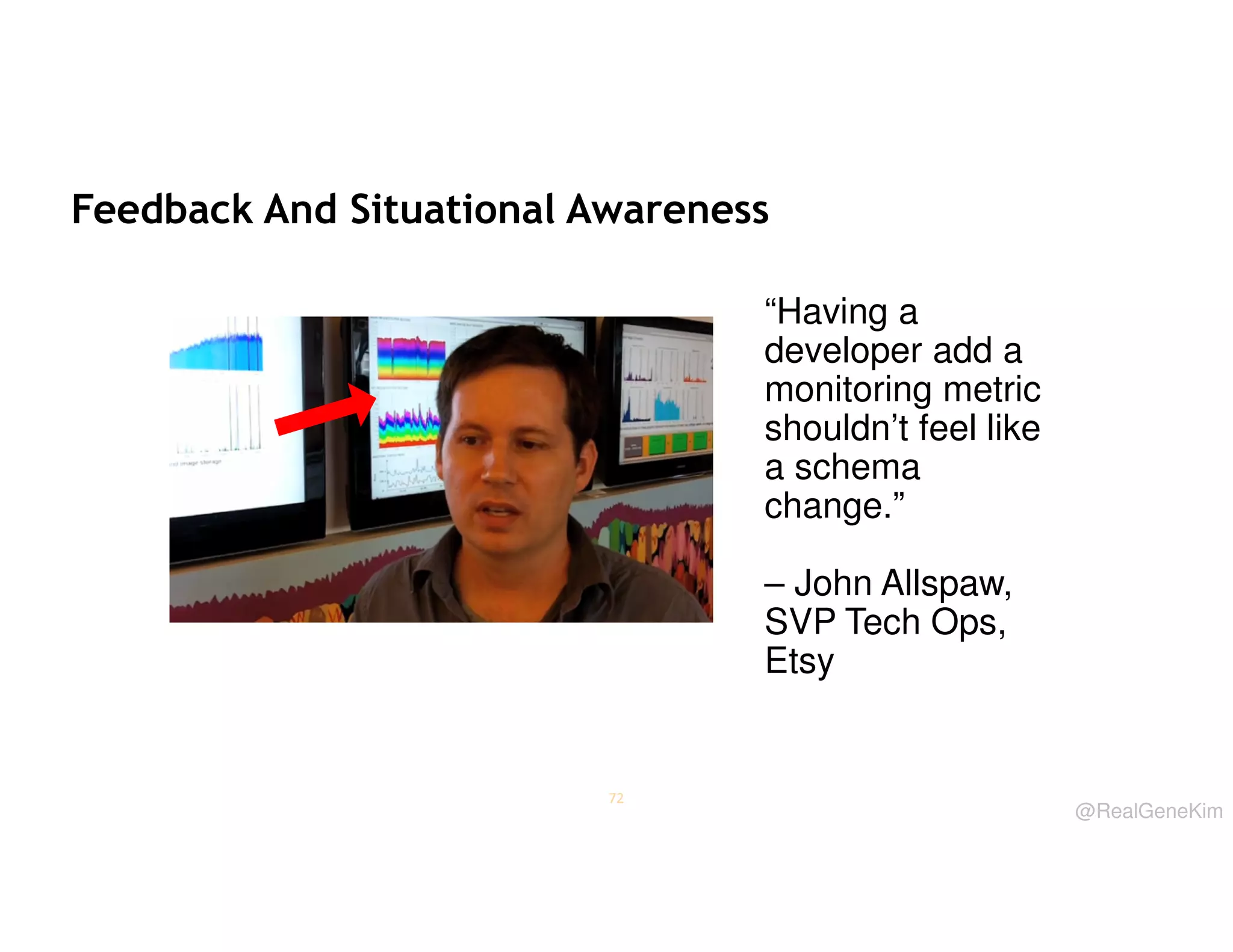 Feedback And Situational Awareness
“Having a
developer add a
monitoring metric
shouldn’t feel like
a schema
change.”
– John Allspaw,
SVP Tech Ops,
Etsy

72

@RealGeneKim

 