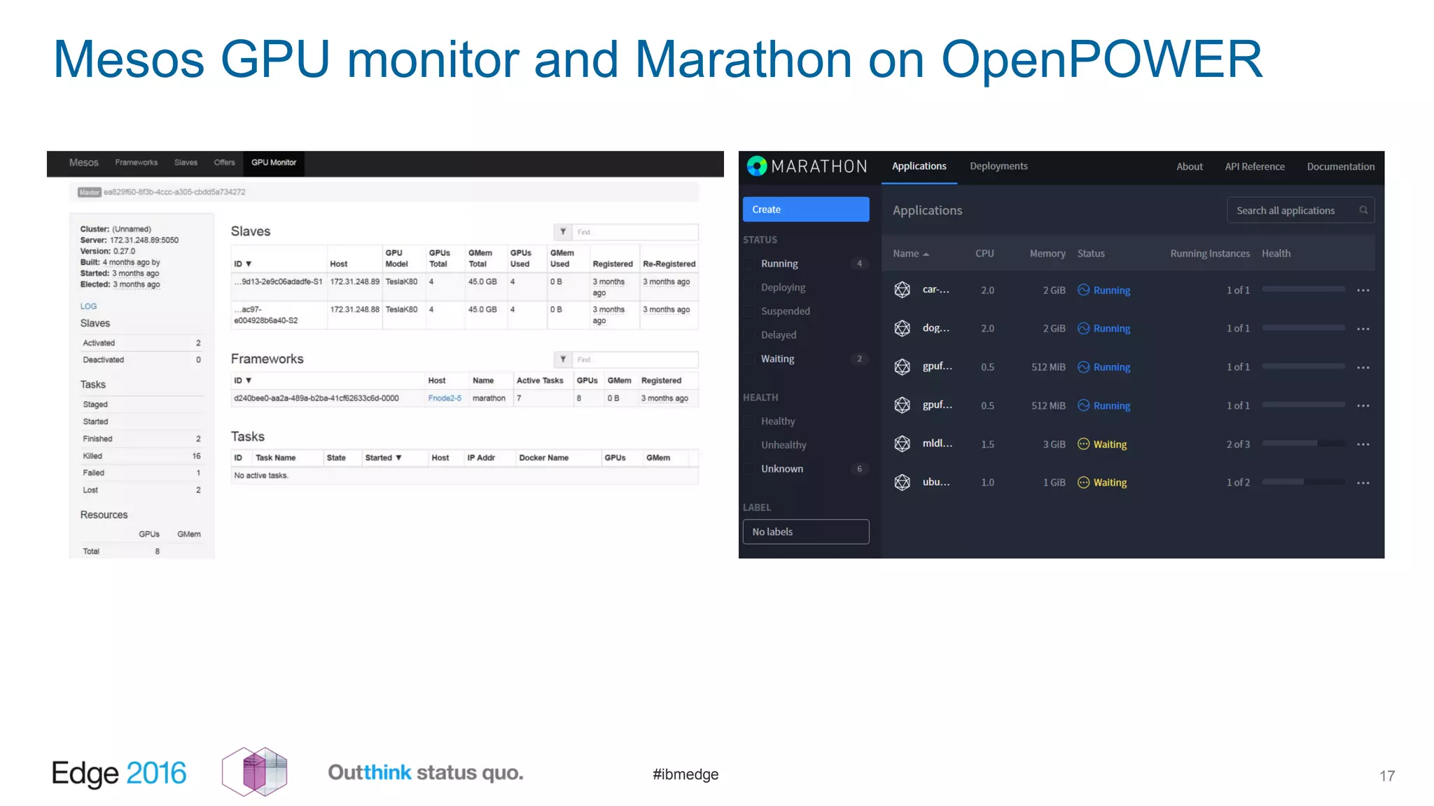 #ibmedge
Mesos GPU monitor and Marathon on OpenPOWER
17
 