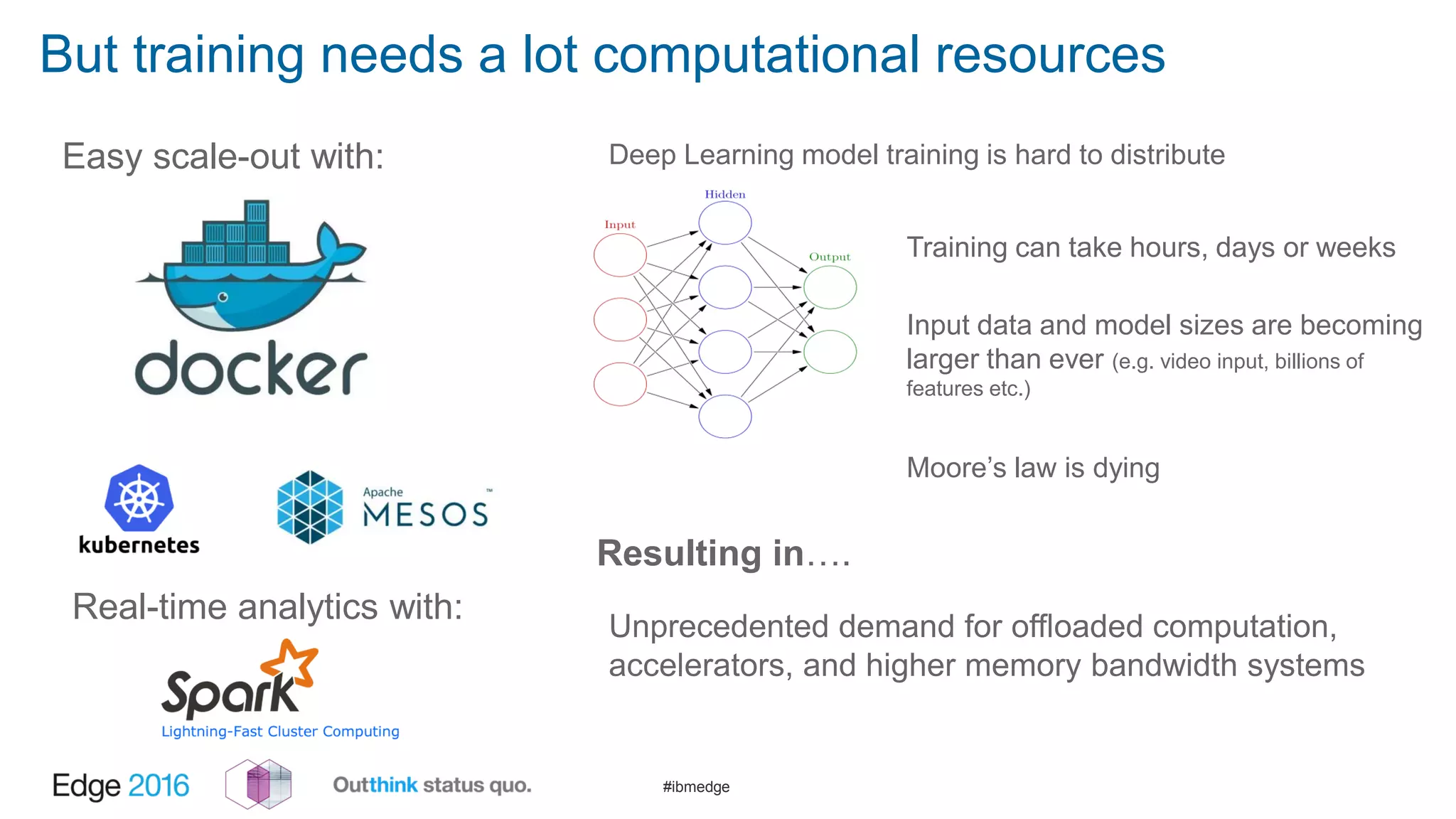 #ibmedge
But training needs a lot computational resources
Easy scale-out with: Deep Learning model training is hard to distribute
Training can take hours, days or weeks
Input data and model sizes are becoming
larger than ever (e.g. video input, billions of
features etc.)
Real-time analytics with:
Unprecedented demand for offloaded computation,
accelerators, and higher memory bandwidth systems
Resulting in….
Moore’s law is dying
 
