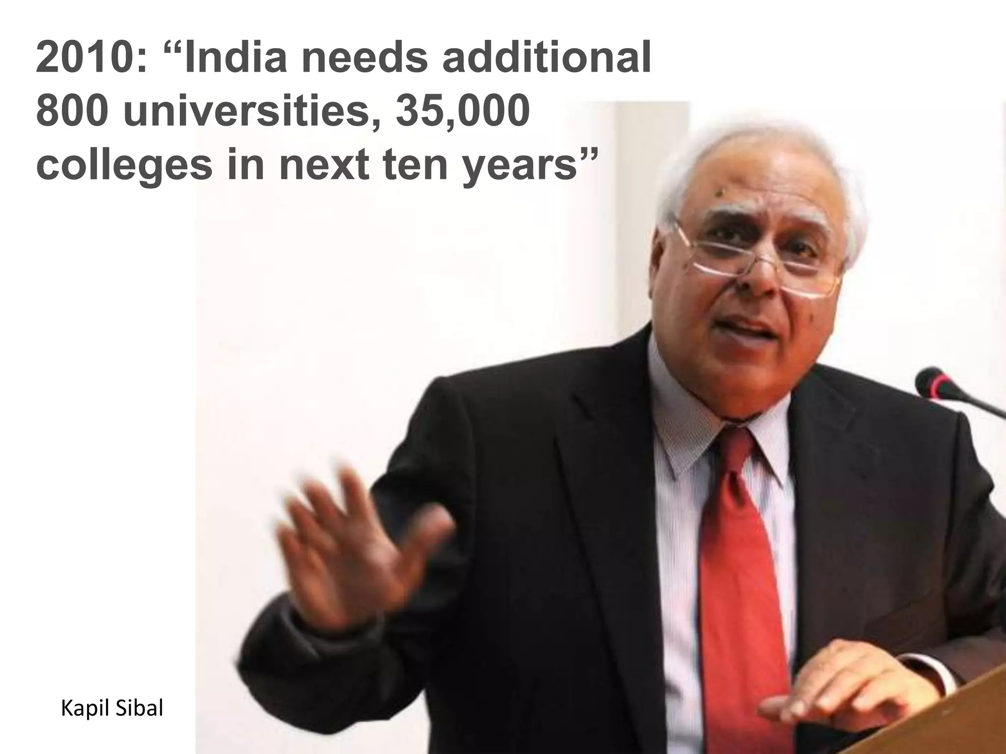 2010: “India needs additional
800 universities, 35,000
colleges in next ten years”




 Kapil Sibal
 