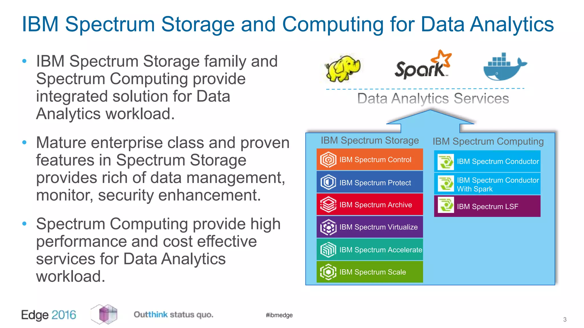 #ibmedge
IBM Spectrum Storage and Computing for Data Analytics
• IBM Spectrum Storage family and
Spectrum Computing provide
integrated solution for Data
Analytics workload.
• Mature enterprise class and proven
features in Spectrum Storage
provides rich of data management,
monitor, security enhancement.
• Spectrum Computing provide high
performance and cost effective
services for Data Analytics
workload.
3
IBM Spectrum Control
IBM Spectrum Protect
IBM Spectrum Archive
IBM Spectrum Virtualize
IBM Spectrum Accelerate
IBM Spectrum Scale
IBM Spectrum Conductor
IBM Spectrum Conductor
With Spark
IBM Spectrum LSF
IBM Spectrum Storage IBM Spectrum Computing
 