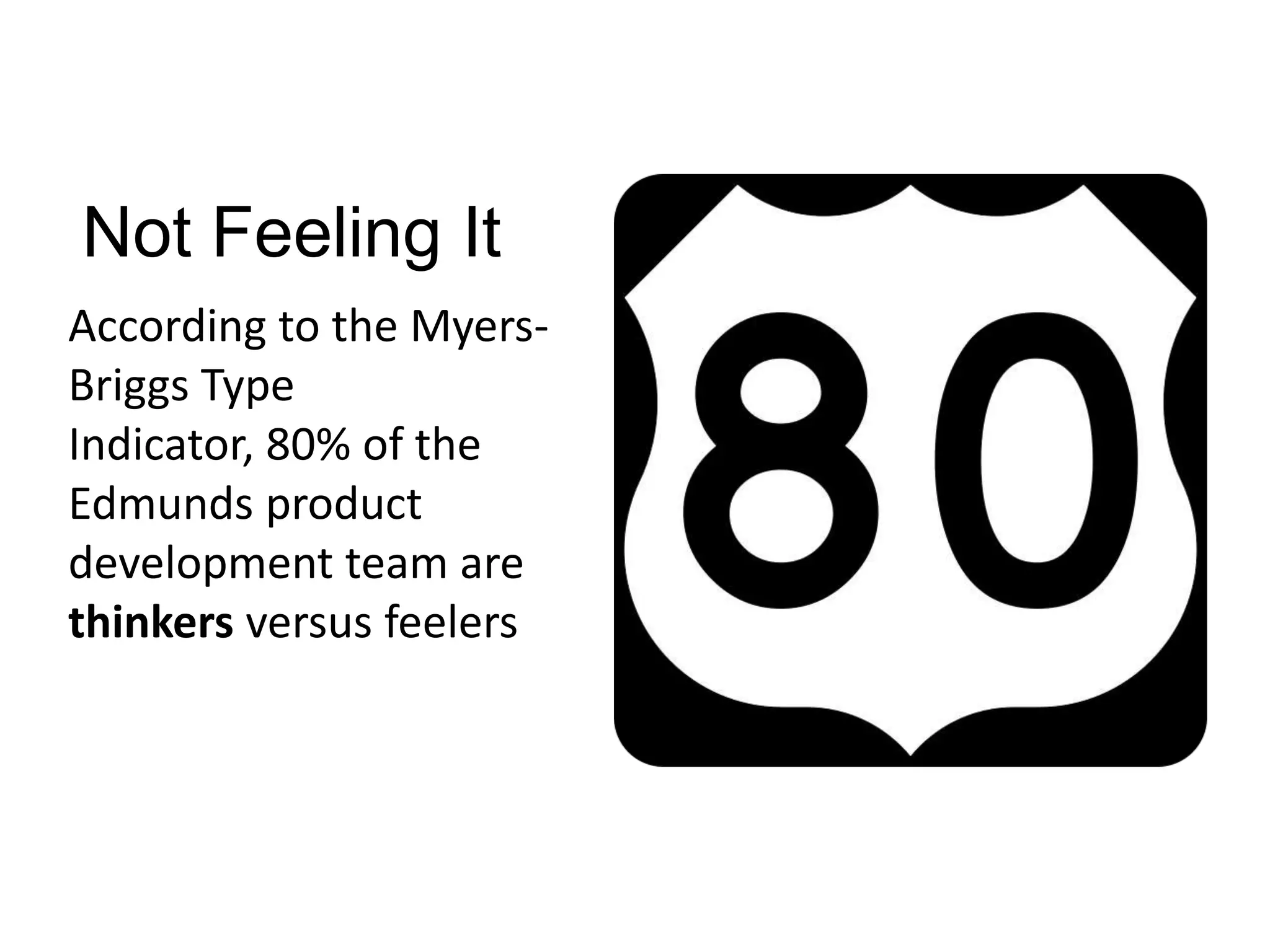 Not Feeling It
According to the Myers-
Briggs Type
Indicator, 80% of the
Edmunds product
development team are
thinkers versus feelers
 