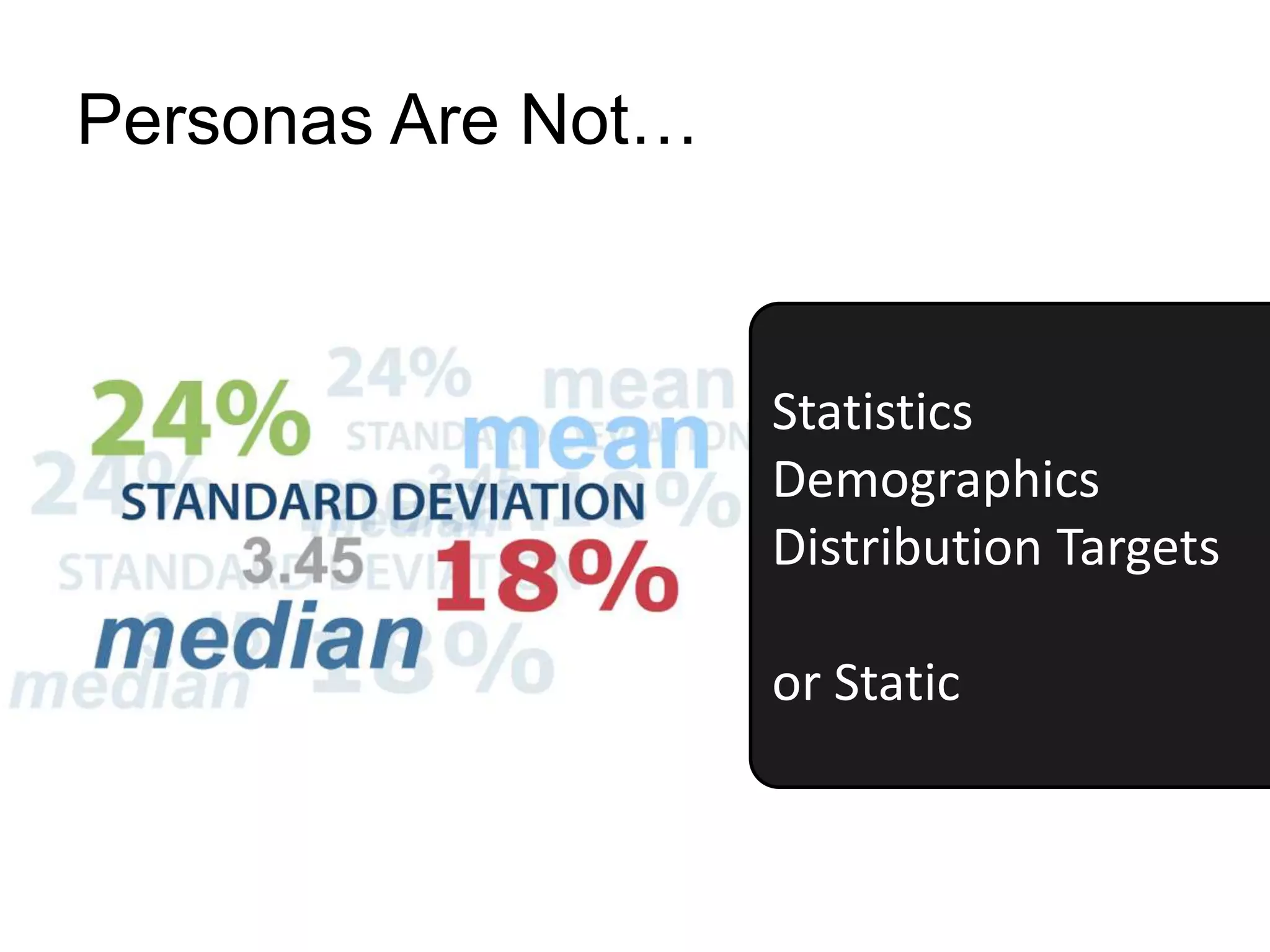 Personas Are Not…
Statistics
Demographics
Distribution Targets
or Static
 
