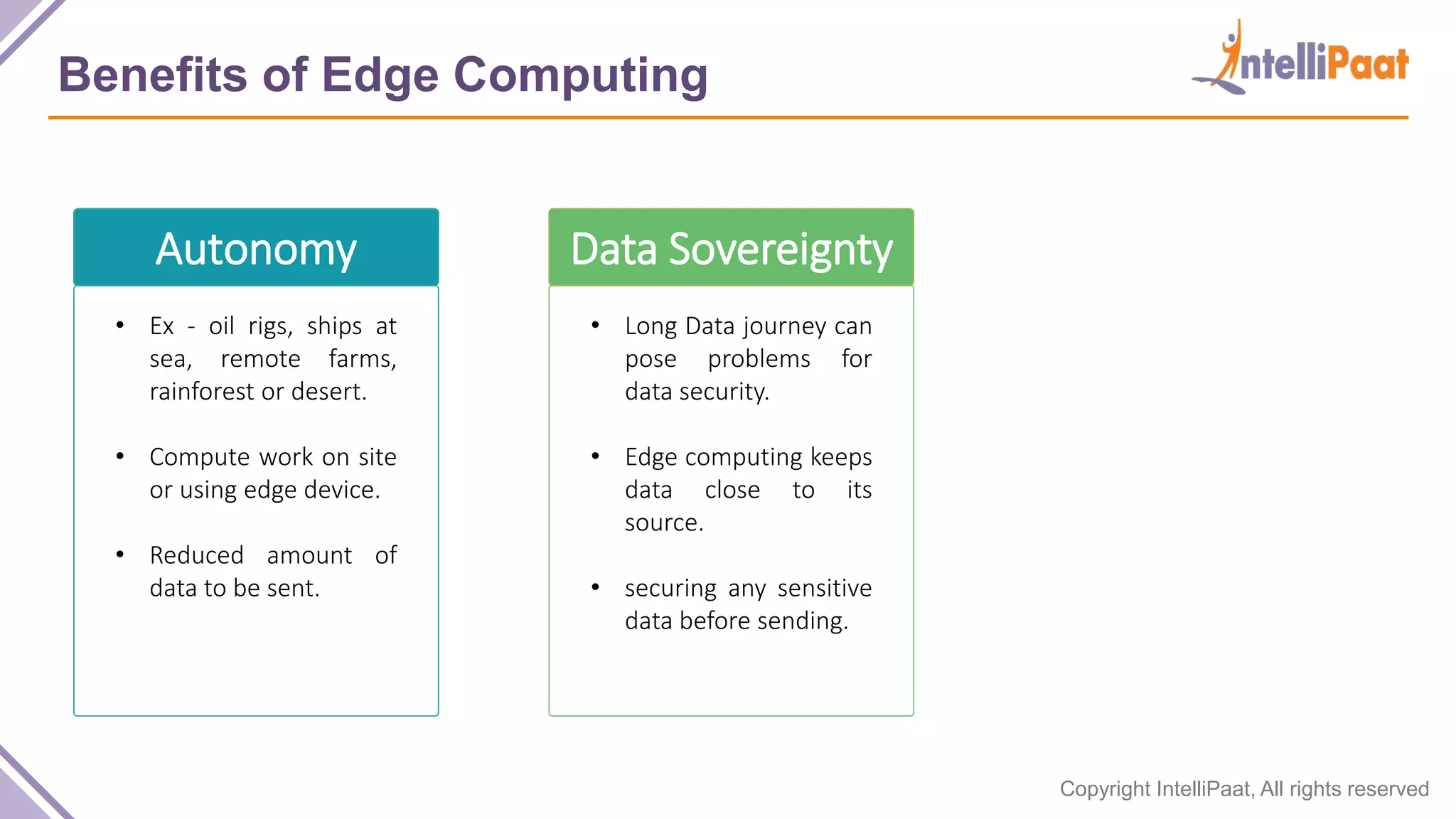 Copyright IntelliPaat, All rights reserved Benefits of Edge Computing Autonomy • Ex - oil rigs, ships at sea, remote farms, rainforest or desert. • Compute work on site or using edge device. • Reduced amount of data to be sent. Data Sovereignty • Long Data journey can pose problems for data security. • Edge computing keeps data close to its source. • securing any sensitive data before sending. 