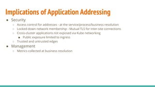 Implications of Application Addressing
● Security
○ Access control for addresses - at the service/process/business resolution
○ Locked-down network membership - Mutual TLS for inter-site connections
○ Cross-cluster applications not exposed via Kube networking
■ Public exposure limited to ingress
○ Trusted and untrusted edges
● Management
○ Metrics collected at business resolution
 