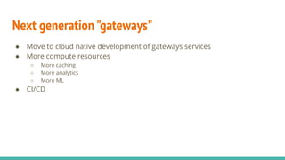 Next generation"gateways"
● Move to cloud native development of gateways services
● More compute resources
○ More caching
○ More analytics
○ More ML
● CI/CD
 
