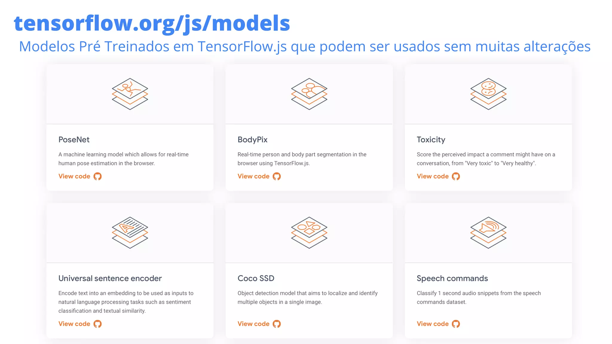 tensorﬂow.org/js/models
Modelos Pré Treinados em TensorFlow.js que podem ser usados sem muitas alterações
 