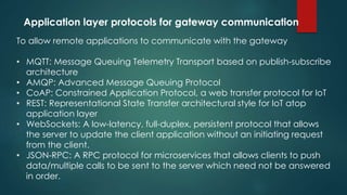 Application layer protocols for gateway communication
To allow remote applications to communicate with the gateway
• MQTT: Message Queuing Telemetry Transport based on publish-subscribe
architecture
• AMQP: Advanced Message Queuing Protocol
• CoAP: Constrained Application Protocol, a web transfer protocol for IoT
• REST: Representational State Transfer architectural style for IoT atop
application layer
• WebSockets: A low-latency, full-duplex, persistent protocol that allows
the server to update the client application without an initiating request
from the client.
• JSON-RPC: A RPC protocol for microservices that allows clients to push
data/multiple calls to be sent to the server which need not be answered
in order.
 