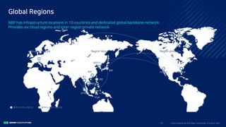 Clo ud Co mputi ng a nd E dge Co mputi ng, Fri end o r Fo e?12/
Global Regions
NBP has infrastructure locations in 10 countries and dedicated global backbone network
Provides six cloud regions and inter-region private network
 