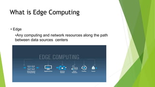 What is Edge Computing
• Edge
•Any computing and network resources along the path
between data sources centers
 