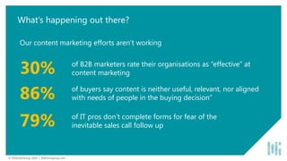 © DirectionGroup 2016 | directiongroup.com
Our content marketing efforts aren’t working
What’s happening out there?
30%
86%
79%
of B2B marketers rate their organisations as “effective” at
content marketing
of buyers say content is neither useful, relevant, nor aligned
with needs of people in the buying decision”
of IT pros don’t complete forms for fear of the
inevitable sales call follow up
© DirectionGroup 2016 | directiongroup.com
 