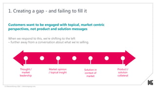 © DirectionGroup 2016 | directiongroup.com
Mind the gap
Education Solution Vendor selection
Loosening the status
quo
Committing to
change
Defining the problem
exploring possible
solutions
Committing to a
solution
Justifying the
decision
On-boarding
Education Solution Vendor selection
Loosening the status
quo
Committing to
change
Defining the problem
exploring possible
solutions
Committing to a
solution
Justifying the
decision
On-boarding
Traditional B2B marketing approach Content marketing approach
© DirectionGroup 2016 | directiongroup.com
 
