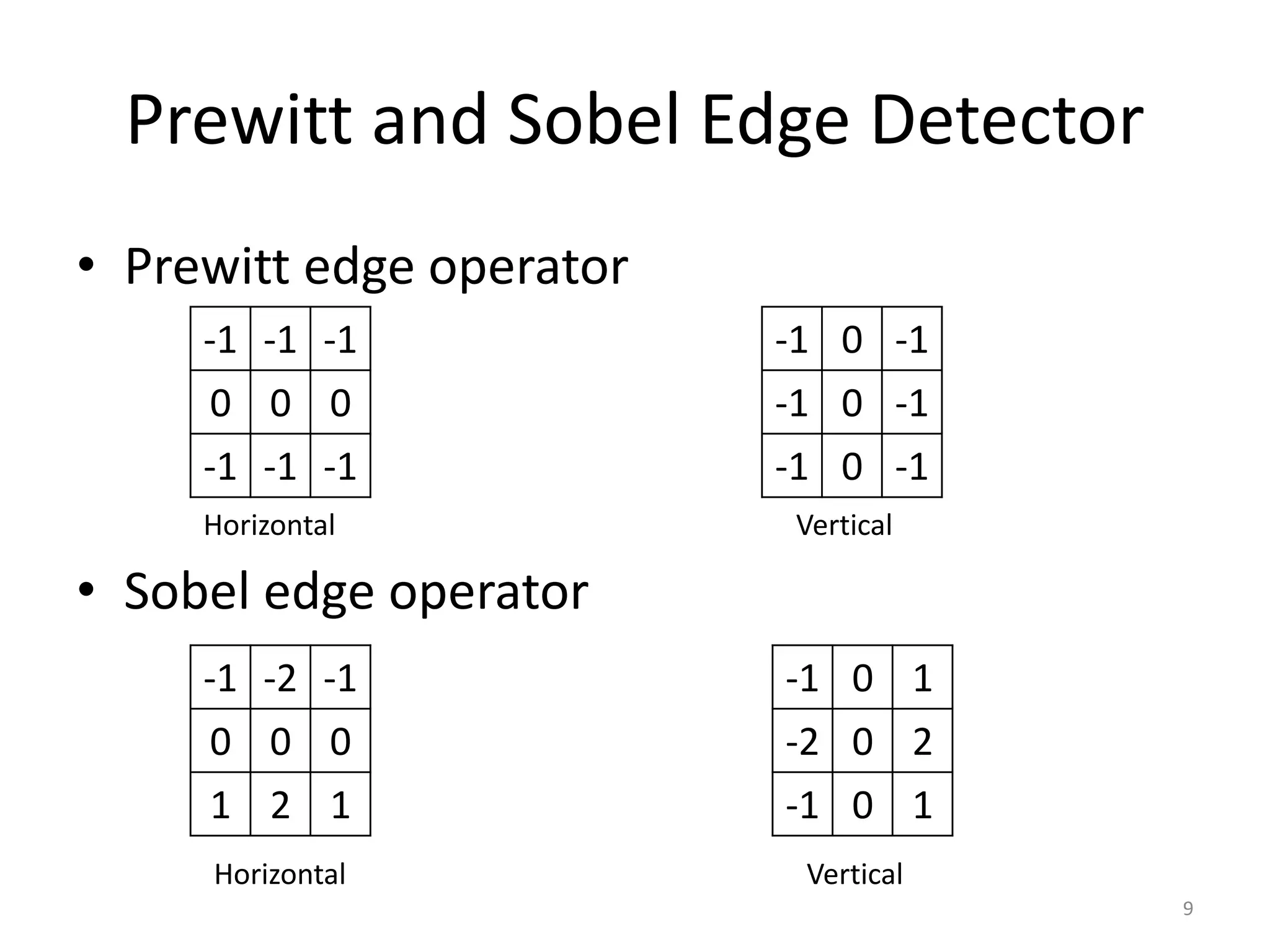 • Prewitt edge operator
• Sobel edge operator
Prewitt and Sobel Edge Detector
-1 -1 -1
0 0 0
-1 -1 -1
9
-1 0 -1
-1 0 -1
-1 0 -1
Horizontal Vertical
-1 -2 -1
0 0 0
1 2 1
-1 0 1
-2 0 2
-1 0 1
Horizontal Vertical
 