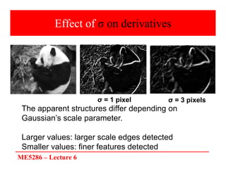 ME5286 – Lecture 6
Effect of σ on derivatives
The apparent structures differ depending on
Gaussian’s scale parameter.
Larger values: larger scale edges detected
Smaller values: finer features detected
σ = 1 pixel σ = 3 pixels
 