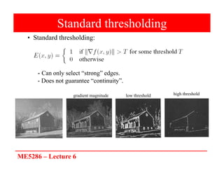 ME5286 – Lecture 6
Standard thresholding
• Standard thresholding:
- Can only select “strong” edges.
- Does not guarantee “continuity”.
gradient magnitude low threshold high threshold
 
