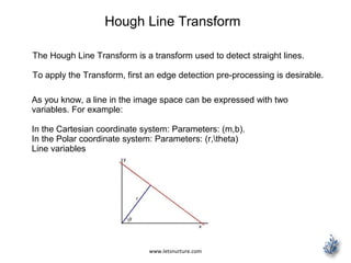 www.letsnurture.com
Hough Line Transform
The Hough Line Transform is a transform used to detect straight lines.
To apply the Transform, first an edge detection pre-processing is desirable.
As you know, a line in the image space can be expressed with two
variables. For example:
In the Cartesian coordinate system: Parameters: (m,b).
In the Polar coordinate system: Parameters: (r,theta)
Line variables
 