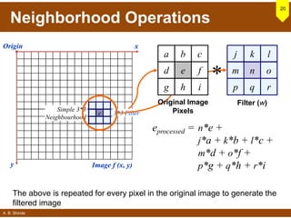 A. B. Shinde
Neighborhood Operations
20
j k l
m n o
p q r
Origin x
y Image f (x, y)
eprocessed = n*e +
j*a + k*b + l*c +
m*d + o*f +
p*g + q*h + r*i
Filter (w)
Simple 3*3
Neighbourhood
e 3*3 Filter
a b c
d e f
g h i
Original Image
Pixels
*
The above is repeated for every pixel in the original image to generate the
filtered image
 