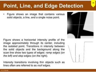 A. B. Shinde
Point, Line, and Edge Detection
• Figure shows an image that contains various
solid objects, a line, and a single noise point.
28
Figure shows a horizontal intensity profile of the
image approximately through its center, including
the isolated point. Transitions in intensity between
the solid objects and the background along the
scan line show two types of edges: ramp edges (on
the left) and step edges (on the right).
Intensity transitions involving thin objects such as
lines often are referred to as roof edges.
 