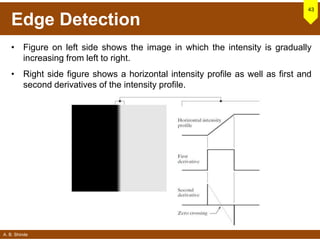 A. B. Shinde
Edge Detection
• Figure on left side shows the image in which the intensity is gradually
increasing from left to right.
• Right side figure shows a horizontal intensity profile as well as first and
second derivatives of the intensity profile.
43
 