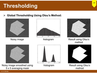 A. B. Shinde
Thresholding
 Global Thresholding Using Otsu’s Method:
57
Noisy image histogram Result using Otsu’s
method
Noisy image smoothed using
5 x 5 averaging mask
histogram Result using Otsu’s
method
 