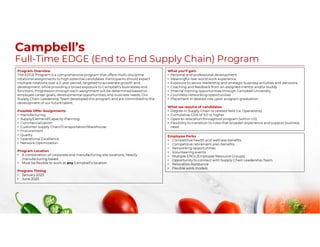 Campbell’s
Full-Time EDGE (End to End Supply Chain) Program
Program Overview
The EDGE Program is a comprehensive program that offers multi-discipline
rotational assignments to high potential candidates. Participants should expect
multiple rotations over a 2-year period, targeted to accelerate growth and
development, while providing a broad exposure to Campbell’s businesses and
functions. Progression through each assignment will be determined based on
employee career goals, developmental opportunities, and business needs. Our
Supply Chain Leadership Team developed this program and are committed to the
development of our future talent.
Possible Offer Assignments
• Manufacturing
• Supply/Demand/Capacity Planning
• Commercialization
• Customer Supply Chain/Transportation/Warehouse
• Procurement
• Quality
• Operational Excellence
• Network Optimization
Program Location
• A combination of corporate and manufacturing site locations, heavily
manufacturing based
• Must be flexible to work at any Campbell’s location
Program Timing
• January 2023
• June 2023
What you’ll gain
• Personal and professional development
• Meaningful real-world work experience
• Exposure to senior leadership and strategic business activities and decisions
• Coaching and feedback from an assigned mentor and/or buddy
• Internal training opportunities through Campbell University
• Countless networking opportunities
• Placement in desired role upon program graduation
What we require of candidates
• Degree in Supply Chain or related field (i.e. Operations)
• Cumulative GPA of 3.0 or higher
• Open to relocation throughout program (within US)
• Flexibility to transition to roles that broaden experience and support business
need
Employee Perks
• Competitive health and wellness benefits
• Competitive retirement plan benefits
• Networking opportunities
• Volunteering events
• Multiple ERGs (Employee Resource Groups)
• Opportunity to connect with Supply Chain Leadership Team
• Relocation Assistance
• Flexible work models
 
