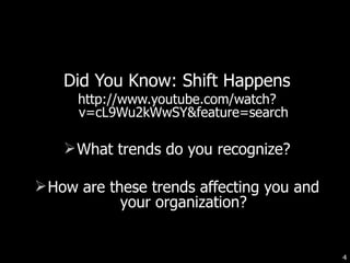 Did You Know: Shift Happens http://www.youtube.com/watch?v=cL9Wu2kWwSY&feature=search What trends do you recognize? How are these trends affecting you and your organization? 