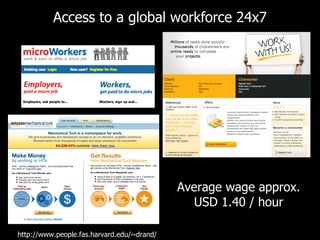 Access to a global workforce 24x7 Average wage approx. USD 1.40 / hour http://www.people.fas.harvard.edu/~drand/ 