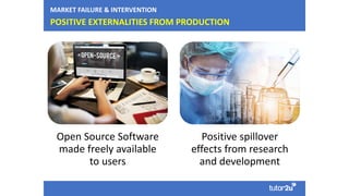 POSITIVE EXTERNALITIES FROM PRODUCTION
MARKET FAILURE & INTERVENTION
Open Source Software
made freely available
to users
Positive spillover
effects from research
and development
 