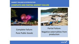COMPLETE AND PARTIAL MARKET FAILURE
Complete Failure:
Pure Public Goods
Partial Failure:
Negative externalities from
production
MARKET FAILURE & INTERVENTION
 