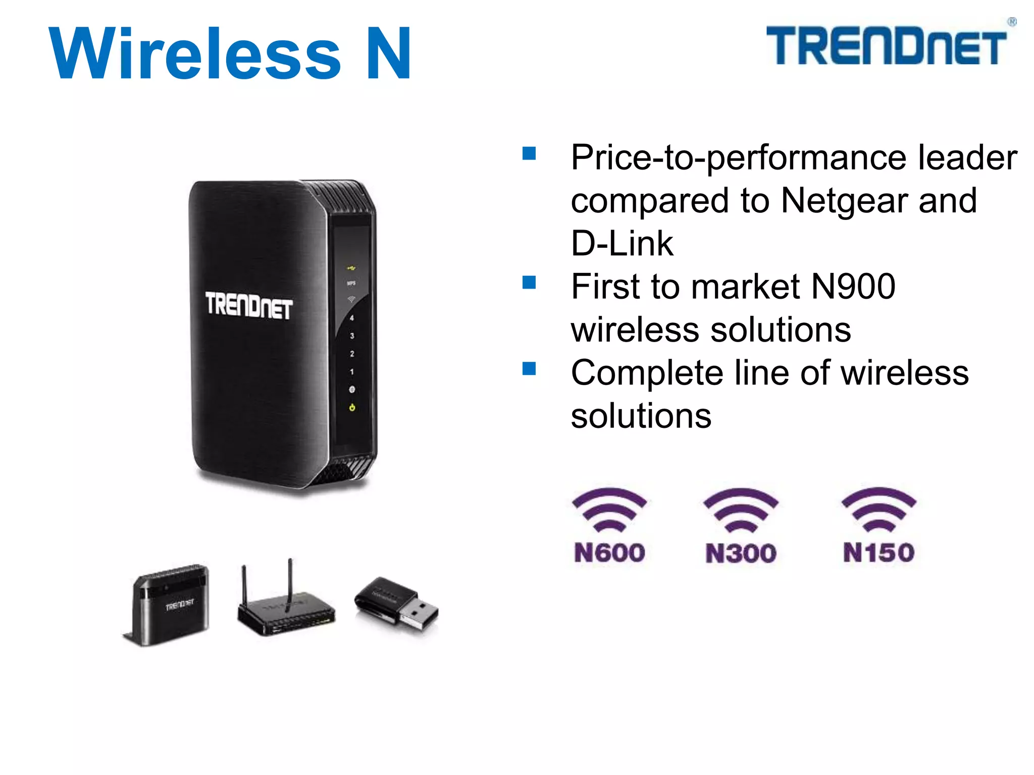  Price-to-performance leader
compared to Netgear and
D-Link
 First to market N900
wireless solutions
 Complete line of wireless
solutions
Wireless N
 