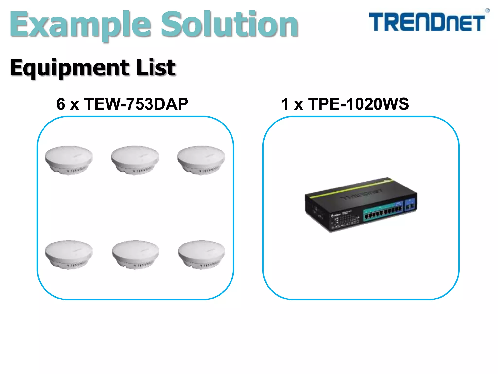 Example Solution
Equipment List
6 x TEW-753DAP 1 x TPE-1020WS
 