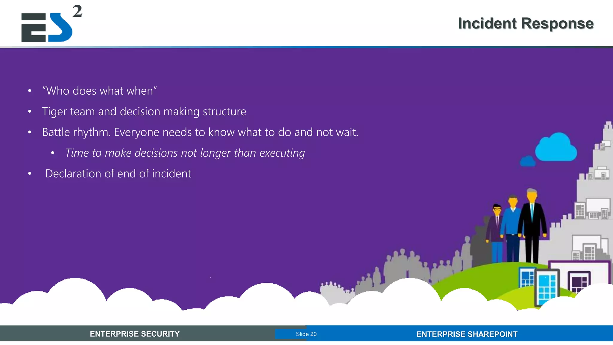 Slide 20 of 11ENTERPRISE SECURITY ENTERPRISE SHAREPOINTSlide 20
Incident Response
• “Who does what when”
• Tiger team and decision making structure
• Battle rhythm. Everyone needs to know what to do and not wait.
• Time to make decisions not longer than executing
• Declaration of end of incident
 