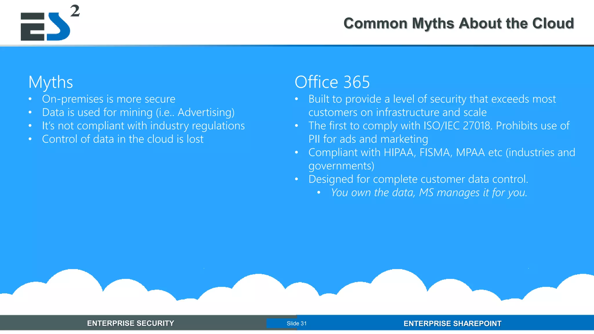 Slide 31 of 11ENTERPRISE SECURITY ENTERPRISE SHAREPOINTSlide 31
Common Myths About the Cloud
Myths
• On-premises is more secure
• Data is used for mining (i.e.. Advertising)
• It’s not compliant with industry regulations
• Control of data in the cloud is lost
Office 365
• Built to provide a level of security that exceeds most
customers on infrastructure and scale
• The first to comply with ISO/IEC 27018. Prohibits use of
PII for ads and marketing
• Compliant with HIPAA, FISMA, MPAA etc (industries and
governments)
• Designed for complete customer data control.
• You own the data, MS manages it for you.
 