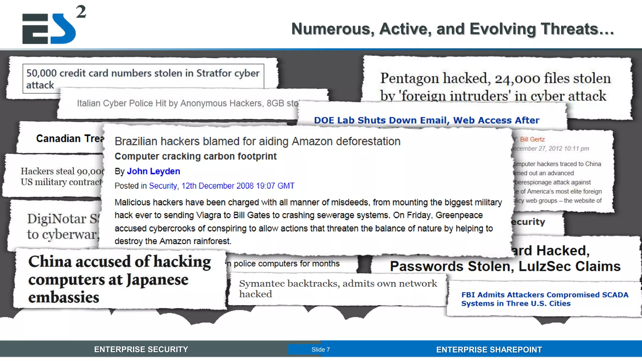 Slide 7 of 11ENTERPRISE SECURITY ENTERPRISE SHAREPOINTSlide 7
Numerous, Active, and Evolving Threats…
 