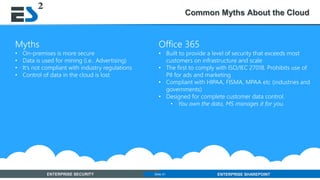 Slide 31 of 11ENTERPRISE SECURITY ENTERPRISE SHAREPOINTSlide 31
Common Myths About the Cloud
Myths
• On-premises is more secure
• Data is used for mining (i.e.. Advertising)
• It’s not compliant with industry regulations
• Control of data in the cloud is lost
Office 365
• Built to provide a level of security that exceeds most
customers on infrastructure and scale
• The first to comply with ISO/IEC 27018. Prohibits use of
PII for ads and marketing
• Compliant with HIPAA, FISMA, MPAA etc (industries and
governments)
• Designed for complete customer data control.
• You own the data, MS manages it for you.
 
