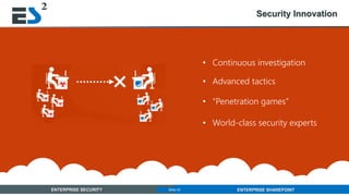Slide 33 of 11ENTERPRISE SECURITY ENTERPRISE SHAREPOINTSlide 33
Security Innovation
• Continuous investigation
• Advanced tactics
• “Penetration games”
• World-class security experts
 