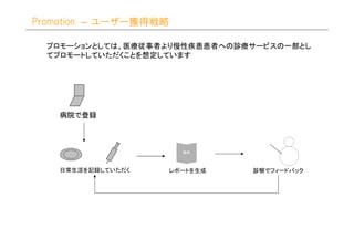 Promotion – ユーザー獲得戦略

  プロモーションとしては、医療従事者より慢性疾患患者への診療サービスの一部とし
  てプロモートしていただくことを想定しています




   病院で登録



                       資料



   日常生活を記録していただく   レポートを生成     診察でフィードバック
 