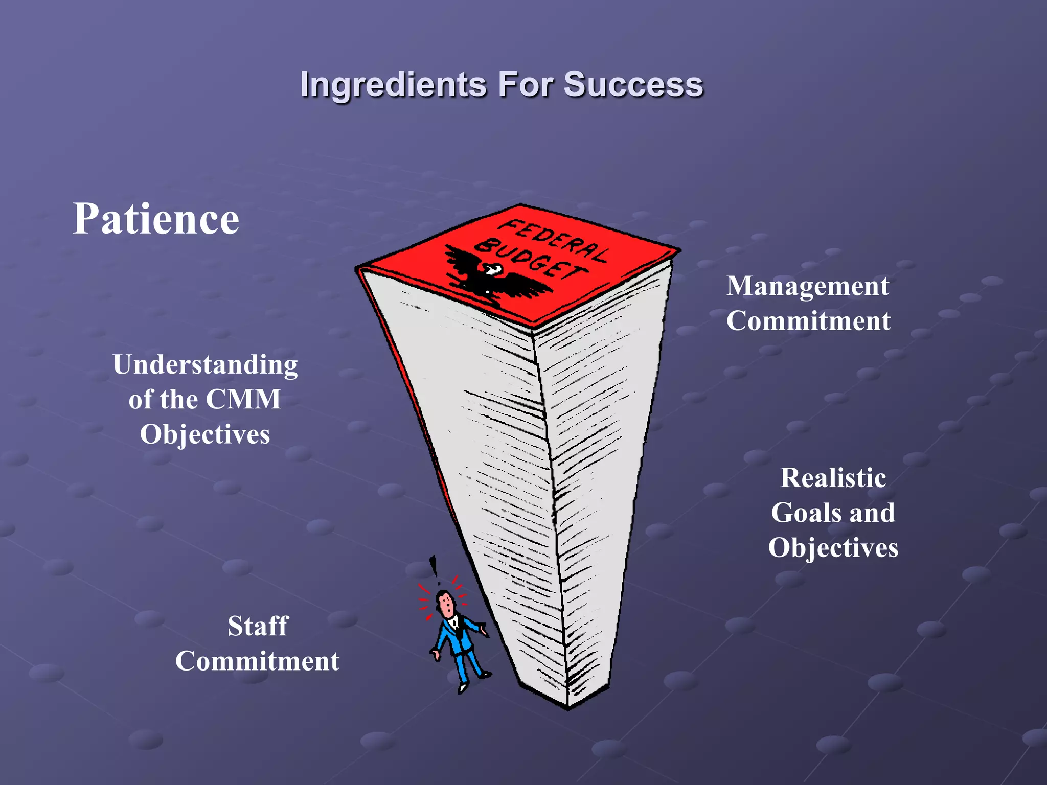 Ingredients For Success
Patience
Management
Commitment
Staff
Commitment
Realistic
Goals and
Objectives
Understanding
of the CMM
Objectives
 