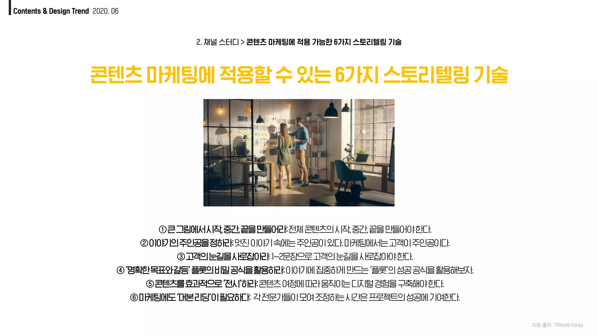 Contents & Design Trend 2020. 06
콘텐츠 마케팅에 적용할 수 있는 6가지 스토리텔링 기술
자료 출처 : ITWorld Korea
2. 채널 스터디 > 콘텐츠 마케팅에 적용 가능한 6가지 스토리텔링 기술
①큰그림에서시작,중간,끝을만들어라:전체콘텐츠의시작,중간,끝을만들어야한다.
②이야기의주인공을정하라:멋진이야기속에는주인공이있다.마케팅에서는고객이주인공이다.
③고객의눈길을사로잡아라:1~2문장으로고객의눈길을사로잡아야한다.
④‘명확한목표와갈등’플롯의비밀공식을활용하라:이야기에집중하게만드는‘플롯’의성공공식을활용해보자.
⑤콘텐츠를효과적으로‘전시’하라:콘텐츠여정에따라움직이는디지털경험을구축해야한다.
⑥마케팅에도‘대본리딩’이필요하다: 각전문가들이모여조정하는시간은프로젝트의성공에기여한다.
 