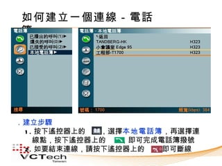 如何建立一個連線－電話
簿




．建立步驟
 1 . 按下遙控器上的　　，選擇本地電話簿，再選擇連
    線點，按下遙控器上的　　，即可完成電話簿撥號
 2. 如要結束連線，請按下遙控器上的　　 即可斷線　　
 