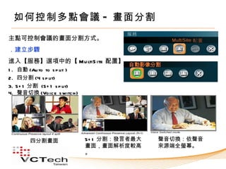 如何控制多點會議 - 畫面分割
主點可控制會議的畫面分割方式。
．建立步驟
進入【服務】選項中的【 Mu ltiS ite 配置】
1.   自動 (Au to to s p lit )
2.   四分割 (4 s p lit)
3.   5+ 1 分割 (5+ 1 s p lit)
4.   聲音切換 (Vo ic e s witc h )




          四分割畫面                 5+ 1 分割：發言者最大   聲音切換：依聲音
                                畫面，畫面解析度較高      來源端全螢幕。
                                。
 