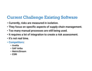 Current Challenge Existing Software
• Currently, risks are measured in isolation.
• They focus on specific aspects of supply chain management.
• Too many manual processes are still being used.
• It requires a lot of integration to create a risk assessment.
• It’s not real time.
• Competitors:
• Avetta
• SAP Ariba
• MetricStream
• ESRI
 