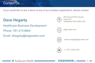 2626
Dave Hegarty
Healthcare Business Development
Phone: 781-213-9864
Email: dhegarty@edgewater.com
Contact Us …
If you would like to see a demo of any of our analytics applications, please contact:
 