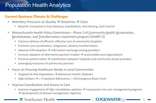 33
Population Health Analytics
Current Business Climate & Challenges
• Relentless Pressures on Quality  Outcomes  Costs
• Need for Innovation in Care Delivery, Coordination, Risk Sharing, Cost Control
• Massachusetts Health Policy Commission – Phase 2 of Community Health Acceleration,
Revitalization, and Transformation investment program (CHART-2)
• Enhance delivery of efficient, effective care at community hospitals
• Promote care coordination, integration, delivery transformation
• Advance EHR adoption  information exchange among providers
• Increase adoption of alternative payment models  accountable care organizations
• Enhance patient safety  coordination between hospitals and community-based providers
• Leveraging resources of community partners
• Focus on Pressing Healthcare Needs in Local Communities
• Targeted At-Risk Populations  Behavioral Health; Diabetes
• High Utilizers  > 4 Inpatient Admissions; > 10 Emergency Room Visits
• Improve Coordination and Access to Care
• Improve engagement of high-risk diabetes patients  incorporate into care management programs
 development of disease management registries
 