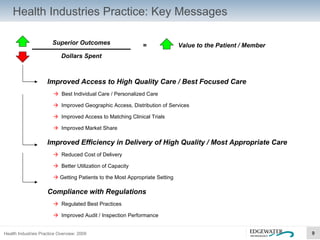 Health Industries Practice: Key Messages Superior Outcomes Dollars Spent =  Value to the Patient / Member Improved Access to High Quality Care / Best Focused Care    Best Individual Care / Personalized Care      Improved Geographic Access, Distribution of Services      Improved Access to Matching Clinical Trials      Improved Market Share Improved Efficiency in Delivery of High Quality / Most Appropriate Care      Reduced Cost of Delivery      Better Utilization of Capacity      Getting Patients to the Most Appropriate Setting Compliance with Regulations      Regulated Best Practices      Improved Audit / Inspection Performance 