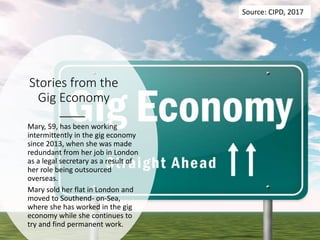 Stories from the
Gig Economy
Mary, 59, has been working
intermittently in the gig economy
since 2013, when she was made
re...