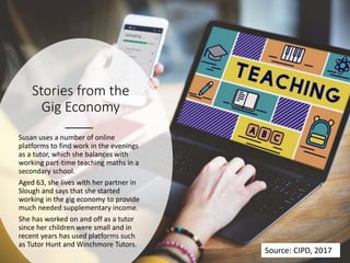 Stories from the
Gig Economy
Susan uses a number of online
platforms to find work in the evenings
as a tutor, which she ba...