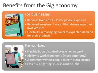 Benefits from the Gig economy
For businesses
• Reduces fixed costs – lower payroll expenses
• Reduced investment – e.g. Ub...