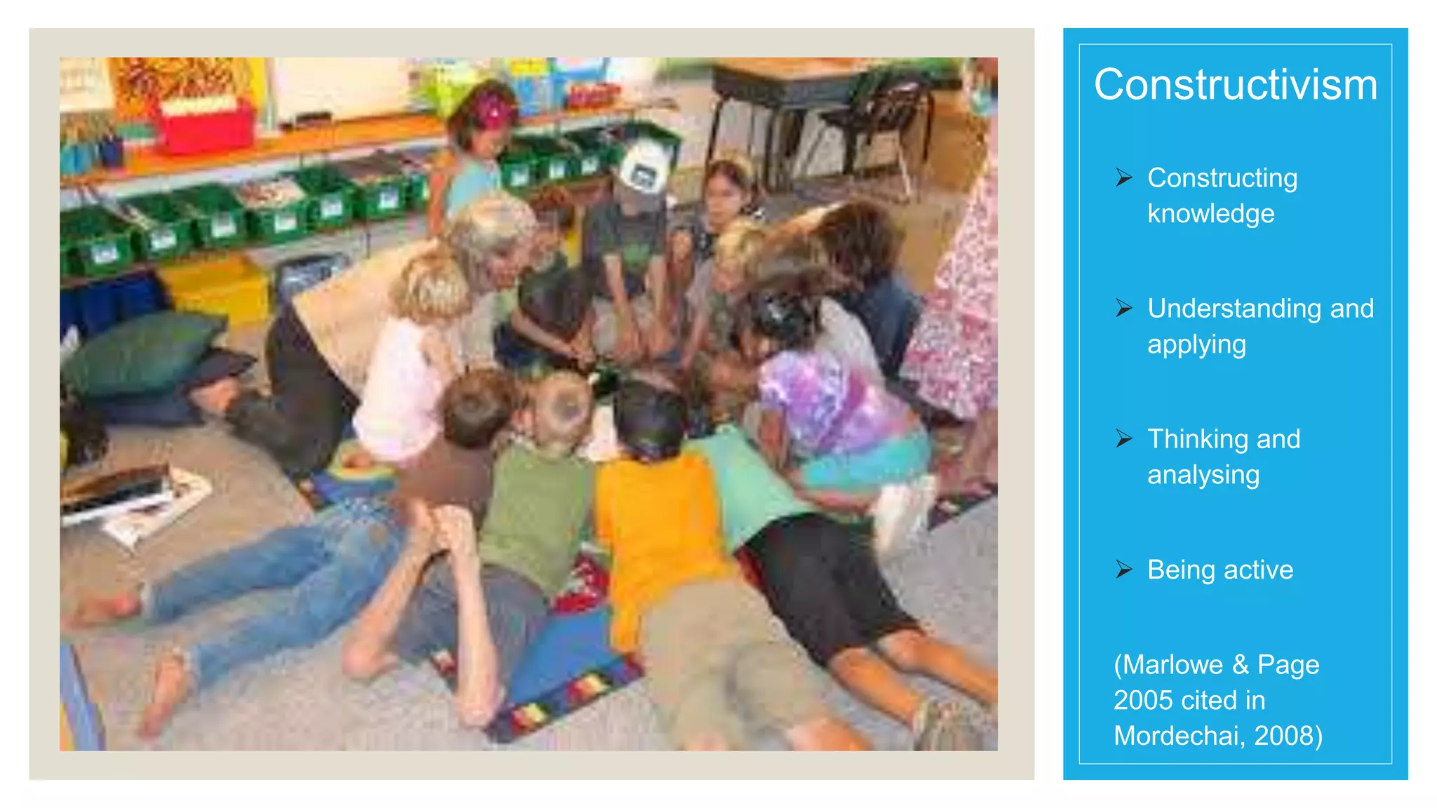 Constructivism 
 Constructing 
knowledge 
 Understanding and 
applying 
 Thinking and 
analysing 
 Being active 
(Marlowe & Page 
2005 cited in 
Mordechai, 2008) 
 